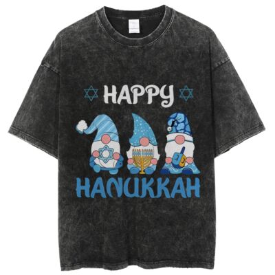 Retro Washed T-Shirt Happy Hanukkah Printed Short-Sleeved High-Quality Cotton Summer New Top