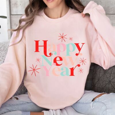 Cotton Crew Neck Women's Sweater Happy New Year Printed Long Sleeve High Quality Casual Sweatshirt Designer New Wear