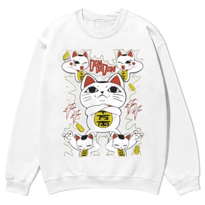 Cartoon Lucky Cat Print Casual Sweater Neutral Style Japanese Crew Neck Pullover Fashion Cotton Long Sleeve Shirt