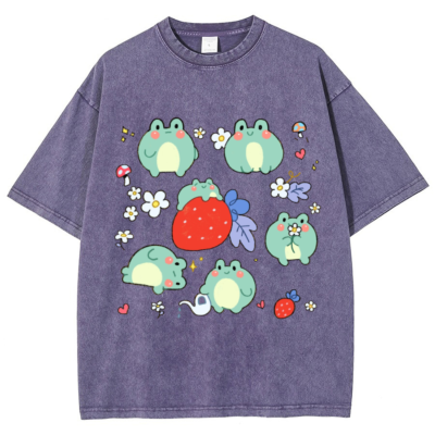 Cute Frog Print T-Shirt Trendy School Outfit Summer Retro Washed Crew Neck Top Hip Hop Loose Short Sleeves