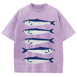 Unisex Style Washed T-Shirt Fun Sardines Fish Print Short Sleeves High Quality Clothes Holiday Casual Loose Outfit Tops