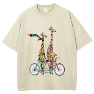 Neutral Style Washed T-Shirt Color Cartoon Abstract Cycling Giraffe Print Short Sleeve Designer New Trendy New Clothes