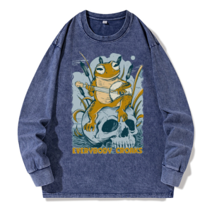 Frog Playing Guitar Print Washed Hoodie Long Sleeved Sweater Unisex American Vintage Sweatshirt High-Quality Hot Selling