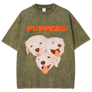 Neutral Retro Washed T-Shirt Cute Hairy Puppy Print Short Sleeve High Quality Fabric Trendy Chic Wear Top Vacation Clothes