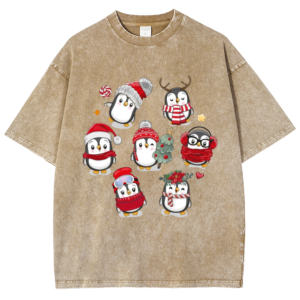 Fashion New Christmas Penguin print Fun T-Shirt Retro Washed Casual Top Summer 15-Color Cotton Round Neck Short Sleeve Loose 