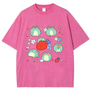 Cotton T-Shirt Unisex Crew Neck Frog And Strawberry Prints Vintage Oversized Size Short Sleeves  New Arrivals Popular Hot Selling 