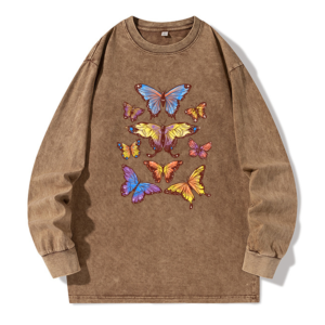  Washed Long Sleeved Sweater Beautiful Butterfly Printing Art AtmosphereUnisex American Vintage Sweatshirt Block Casual Style New Arrivals  