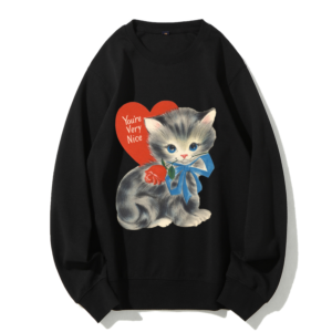 Cute Kitten Print Casual Sweater Cotton Loose Unisex Crew Neck Long Sleeve Top Fashion Street Wear