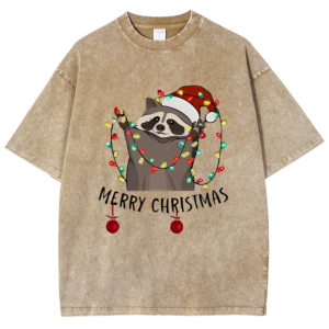 Casual   Merry Christmas Animal Print Cotton T-Shirt Unisex Crew Neck Vintage Washed Short Sleeves Fashion Luxury Brand'S