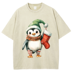 Neutral Style Washed T-Shirt Cute Winter Little Penguin Print Short Sleeve Designer New Trend Wear Chic Outfit Clothes