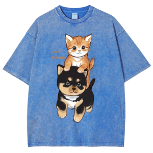 Cat and Dog Printed Cotton T-Shirt Unisex Crew Neck Christmas Style Vintage Washed Short Sleeves  New Arrivals Good Friends Clothing