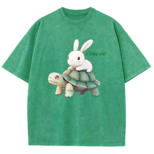 Come On Cotton T-Shirt Unisex Turtle And Rabbit Print Crew Neck Vintage Washed Short Sleeves  Popular Hot Selling Summer  