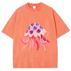 Pink Jellyfish Animal Print Neutral Style Washed T-Shirt Printed Short Sleeve Designer New Trend Wear Chic Outfit Clothes