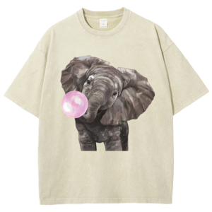 Elephant Blowing Bubbles Fun T-Shirt Retro Washed Casual Top Summer 15-Color Cotton Round Neck Short Sleeve Loose Fashion New